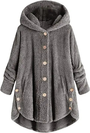 Hooded Fleece Jacket Women Plus Size Fuzzy Sherpa Cape Coats Fluffy Button Down Winter Jackets Fur Cardigan
