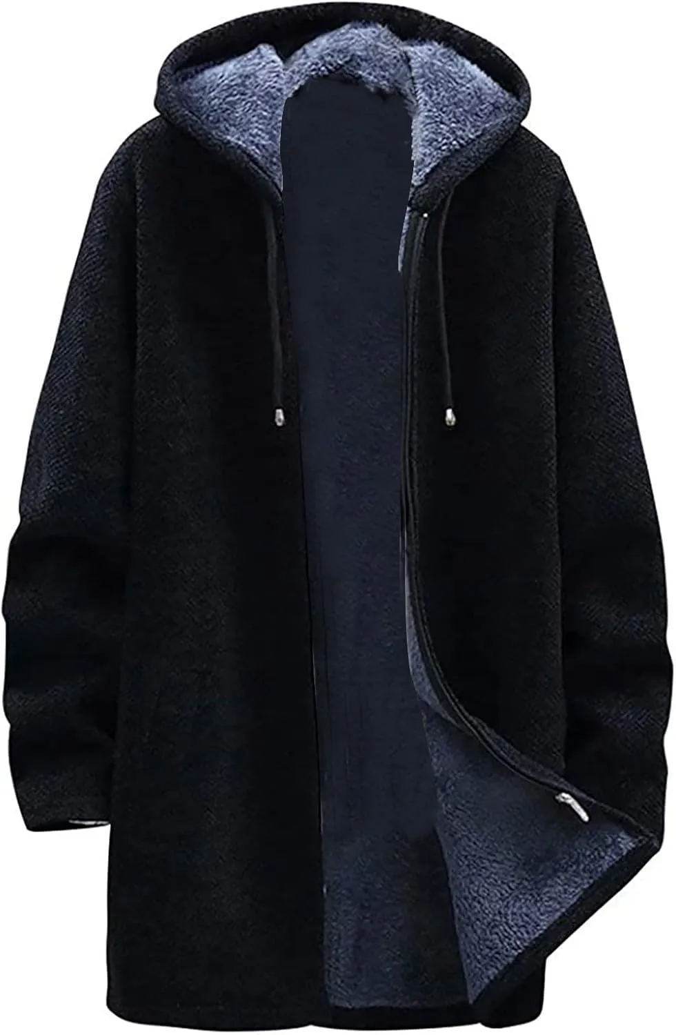 Hooded Sweater Jacket for Men Fleece Lined Long Trench Coats Winter Warm Windbreaker Overcoat with Pockets