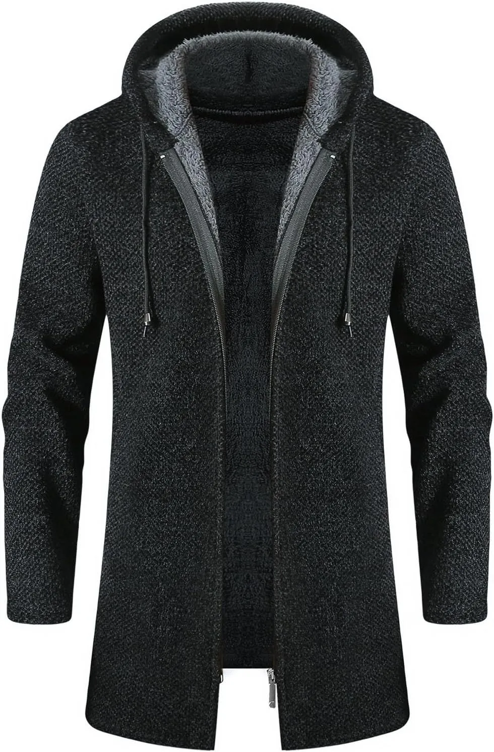 Hooded Sweater Jacket for Men Fleece Lined Long Trench Coats Winter Warm Windbreaker Overcoat with Pockets