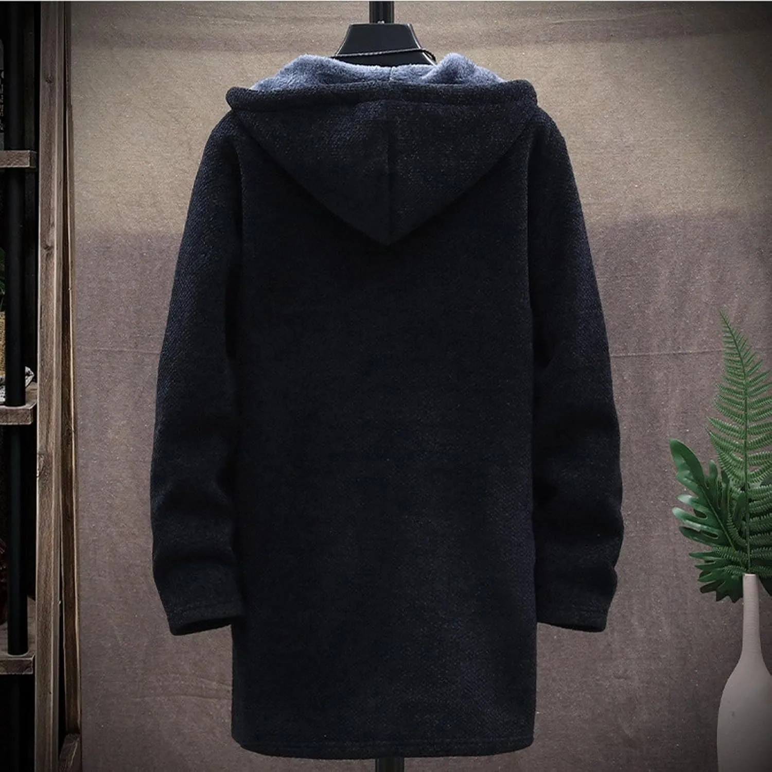 Hooded Sweater Jacket for Men Fleece Lined Long Trench Coats Winter Warm Windbreaker Overcoat with Pockets