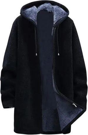 Hooded Sweater Jacket for Men Fleece Lined Long Trench Coats Winter Warm Windbreaker Overcoat with Pockets