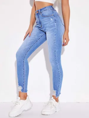 Jeans for Women Pants for Women Women's Jeans High Stretch Raw Hem Ripped Skinny Jeans (Color : Light Wash, Size : Large)