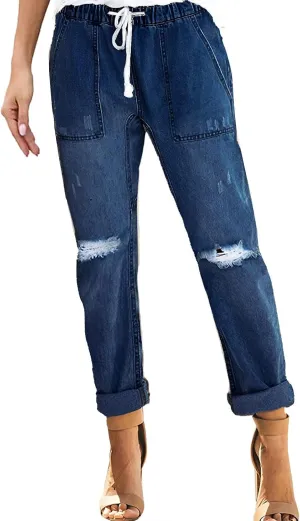Jeans for Women Trendy Women Stretchy High Waisted Straight Leg Starp Boyfriend Jeans Frayed Jean Leggings with