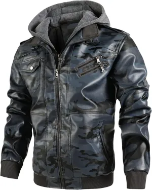 JEsilunmaMY Men's Camo Hoodie Leather Jackets Slim Fit Zip Up Military Outdoor Bomber Jacket Multi-Pocket Moto Biker Coat