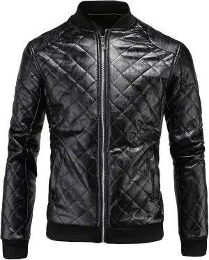 JEsilunmaMY Men's Diamond Leather Jacket Zip-Up Long Sleeve Motorcycle Bomber Jacket Slim Fit Fall Winter Moto Biker Coats