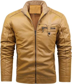 JEsilunmaMY Men's Fleece Lined Leather Jackets Zip Up Stand Collar Warm Motorcycle Coat Slim Fit Winter Thicken Bomber Jacket