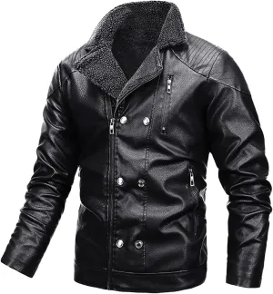 JEsilunmaMY Men's Winter Motorcycle Sherpa Jacket Fur Collar Fleece Lined Leather Jackets Slim Fit Bomber Biker Windbreaker