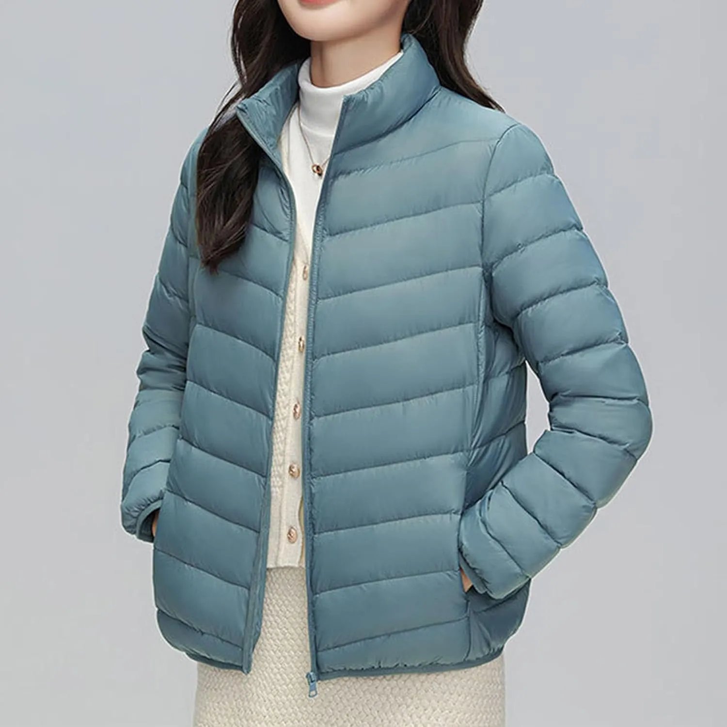 JEsilunmaMY Women's Stand Collar Duck Down Jacket Lightweight Long Sleeve Insulated Puffer Jacket Warm Winter Quilted Coat