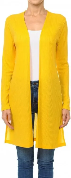 Khanomak Long Sleeve Ribbed Longline Cardigan Duster with Side Slit