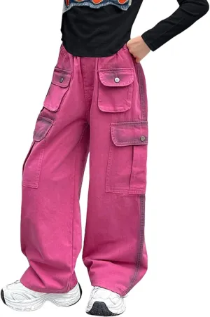 Kids Girls Baggy Wide Leg Jeans Y2K Retro Ripped Cute Star High Waist Skinny Denim Pants Teen Aesthetic Cargo