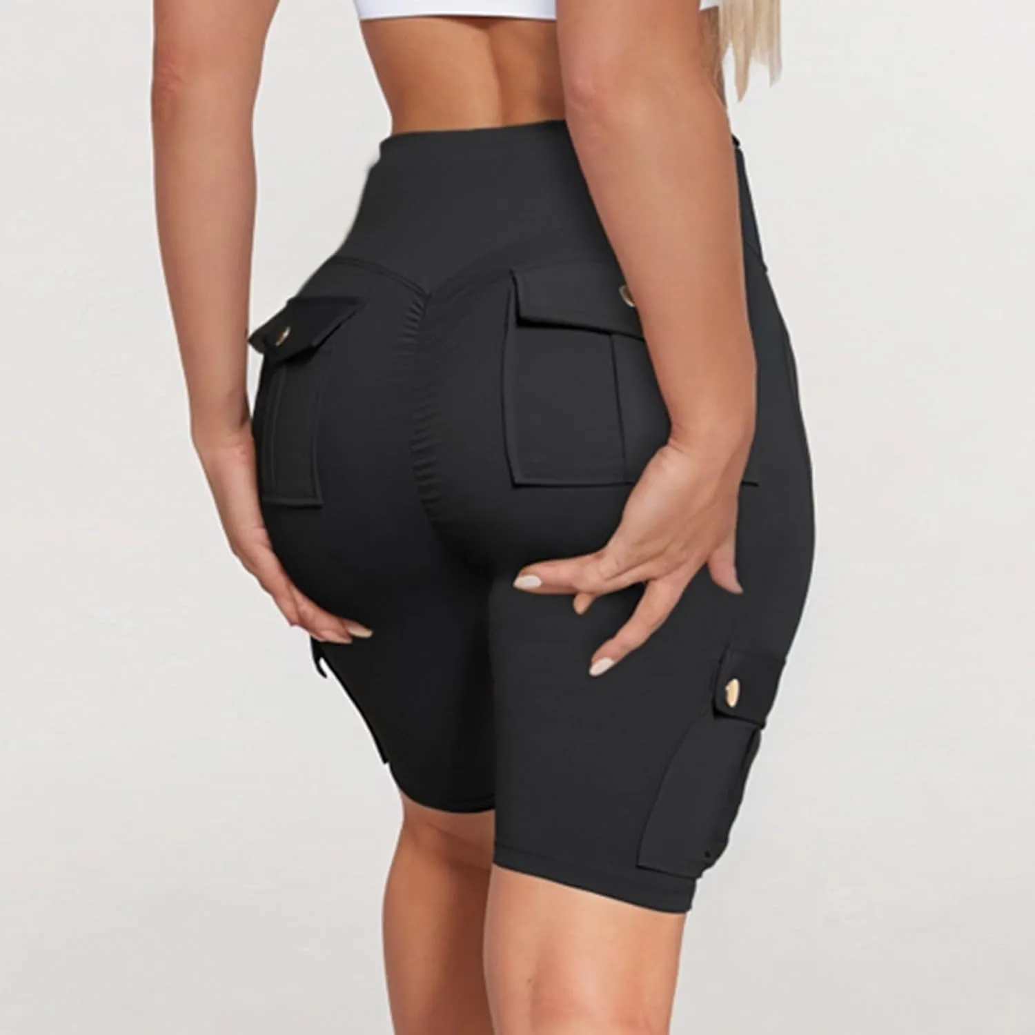 Kubbon Women Tummy Control Butt Lifting Shorts High Waisted Workout Gym Shorts Knee Length Bermuda Cargo Shorts Flap Pocket