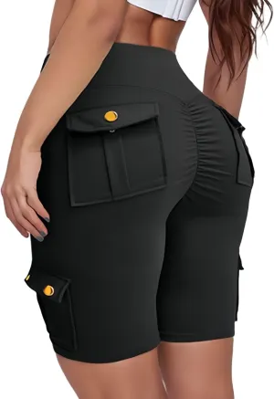 Kubbon Women Tummy Control Butt Lifting Shorts High Waisted Workout Gym Shorts Knee Length Bermuda Cargo Shorts Flap Pocket