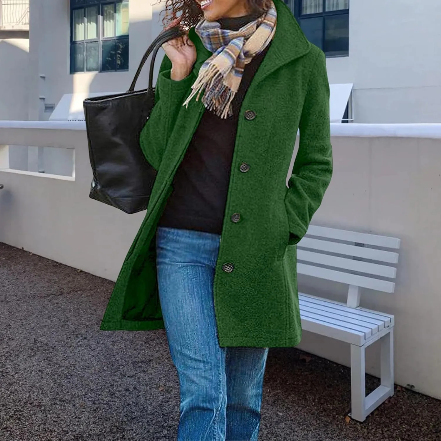 Kubbon Women's Winter Thicken Wool Blend Trench Coat Stand Collar Single Breasted Pea Coat Fuzzy Fleece Jacket Outerwear