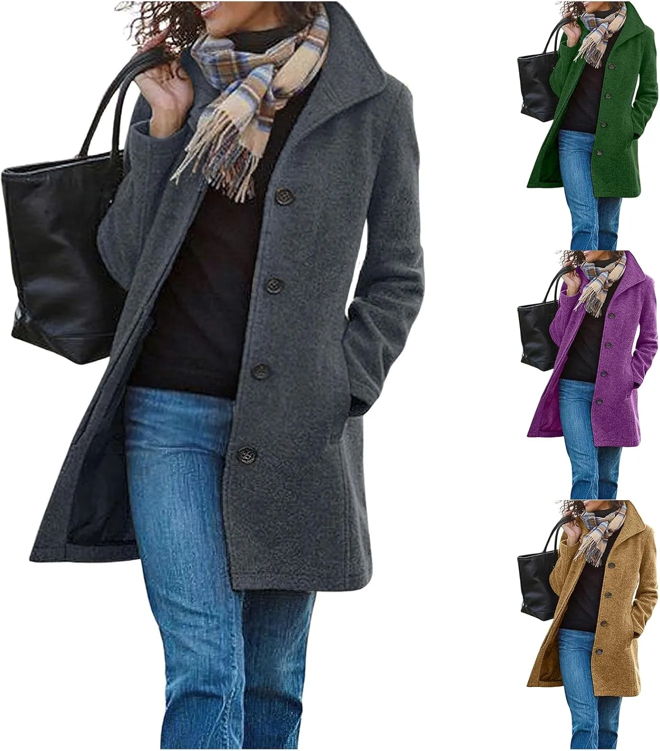 Kubbon Women's Winter Thicken Wool Blend Trench Coat Stand Collar Single Breasted Pea Coat Fuzzy Fleece Jacket Outerwear