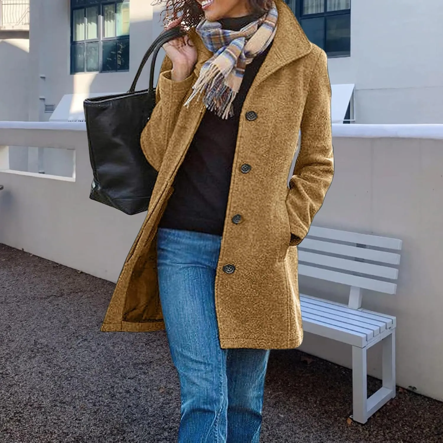 Kubbon Women's Winter Thicken Wool Blend Trench Coat Stand Collar Single Breasted Pea Coat Fuzzy Fleece Jacket Outerwear