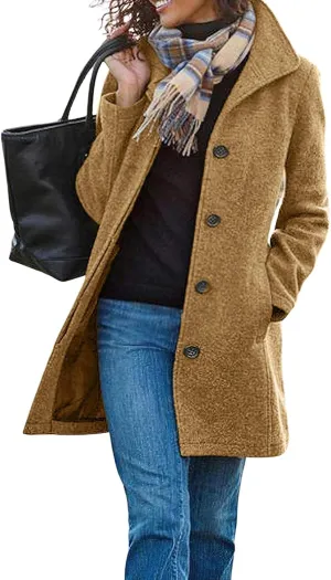 Kubbon Women's Winter Thicken Wool Blend Trench Coat Stand Collar Single Breasted Pea Coat Fuzzy Fleece Jacket Outerwear