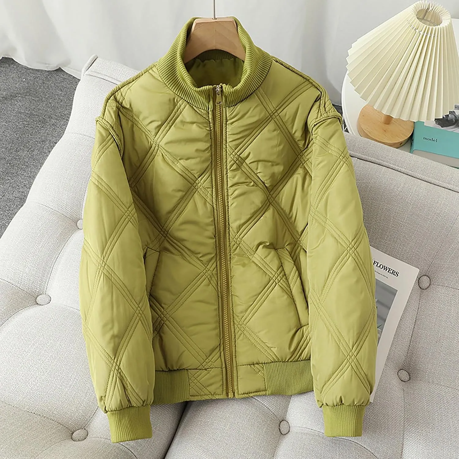 lcziwo Quilted Jackets for Women Lightweight down Puffer Jacket Diamond Plaid Ribbed Collar Warm Winter Coat Outerwear
