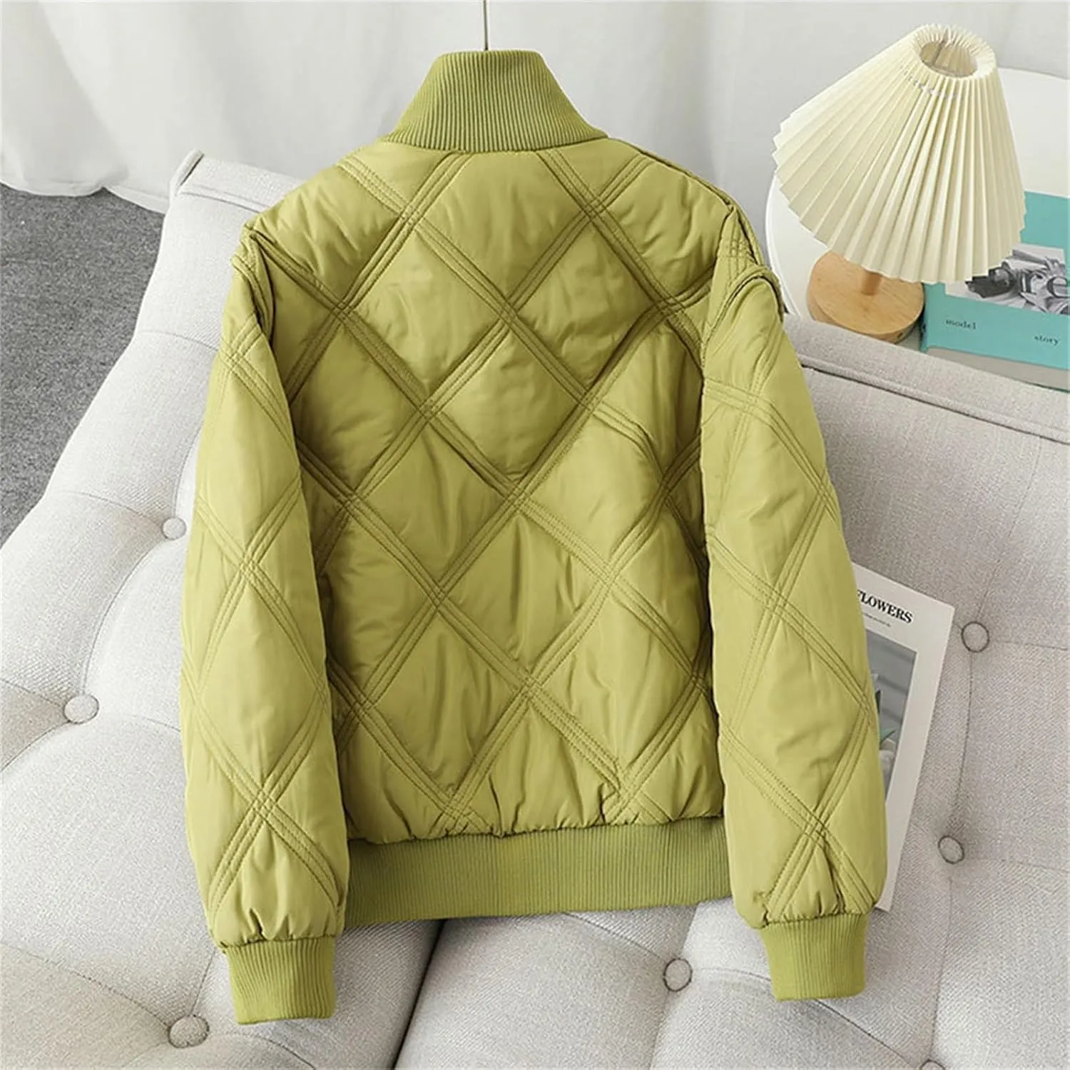 lcziwo Quilted Jackets for Women Lightweight down Puffer Jacket Diamond Plaid Ribbed Collar Warm Winter Coat Outerwear