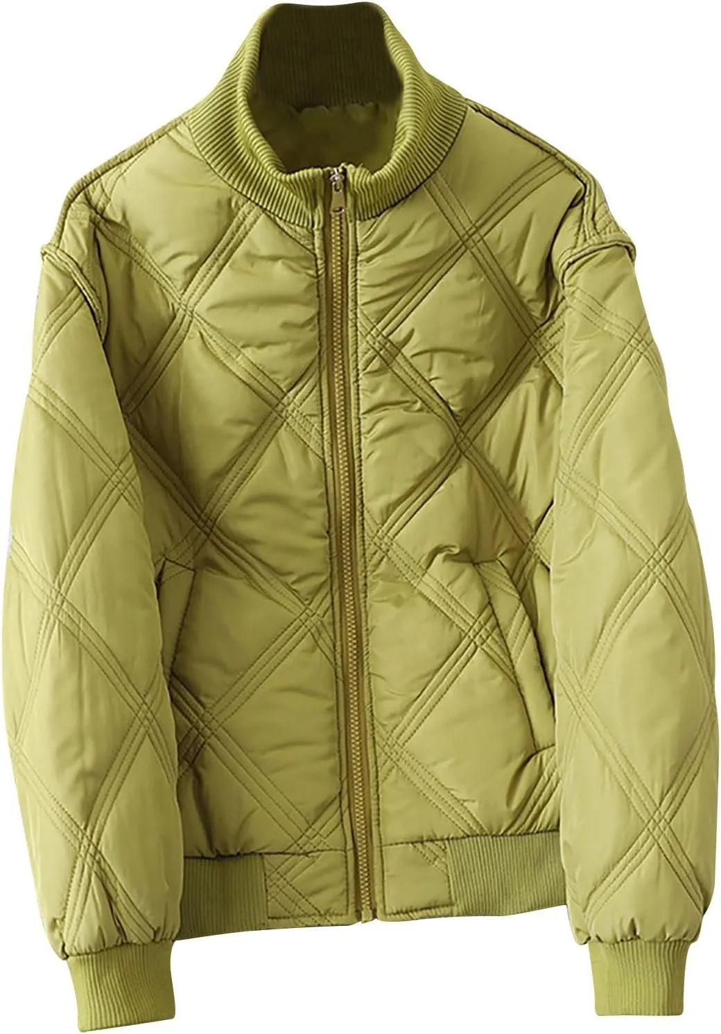 lcziwo Quilted Jackets for Women Lightweight down Puffer Jacket Diamond Plaid Ribbed Collar Warm Winter Coat Outerwear
