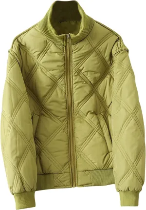 lcziwo Quilted Jackets for Women Lightweight down Puffer Jacket Diamond Plaid Ribbed Collar Warm Winter Coat Outerwear