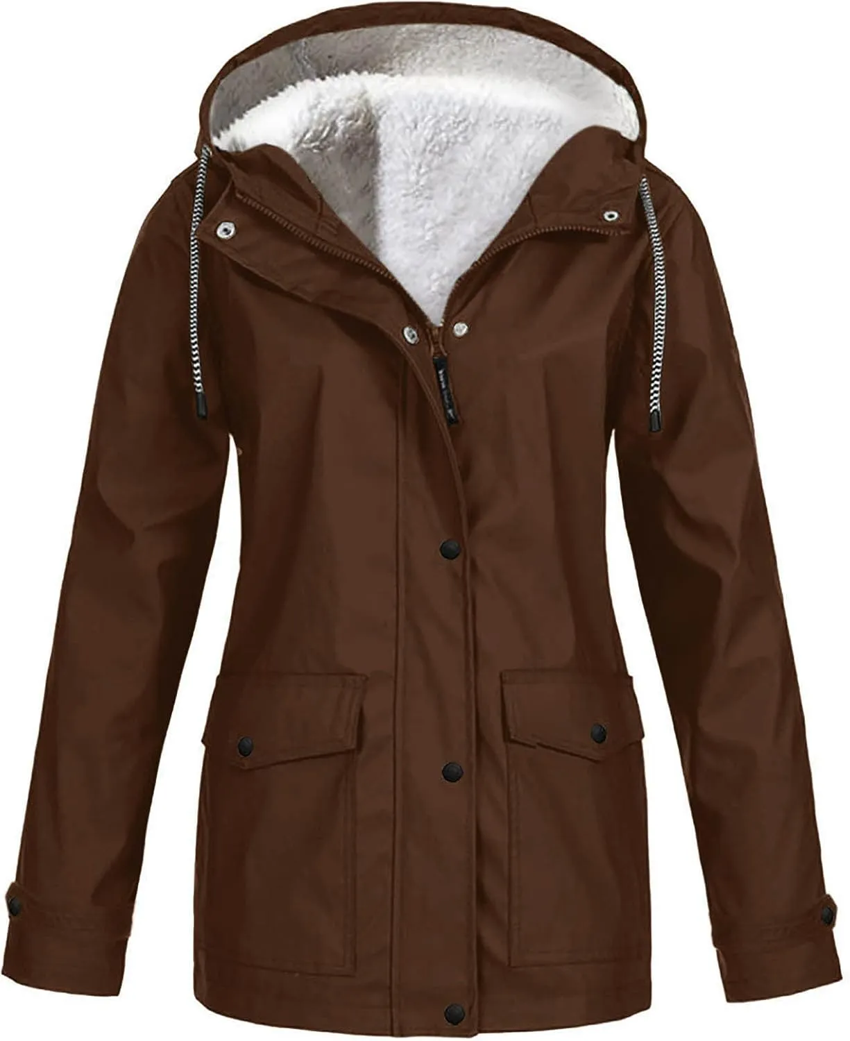 Lined Raincoats for Women with Hood Winter Warm Fleece Rain Jacket Outdoor Button Zip Waterproof Windbreaker Jacket