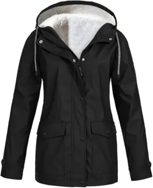 Lined Raincoats for Women with Hood Winter Warm Fleece Rain Jacket Outdoor Button Zip Waterproof Windbreaker Jacket