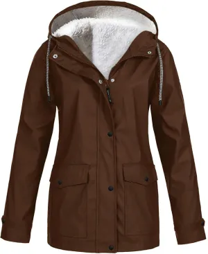 Lined Raincoats for Women with Hood Winter Warm Fleece Rain Jacket Outdoor Button Zip Waterproof Windbreaker Jacket