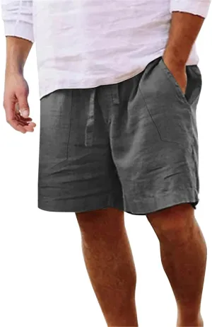 Linen Shorts for Men Summer Soild Color Beach Shorts Elastic Waist Drawstring Outdoors Sports Shorts for Men