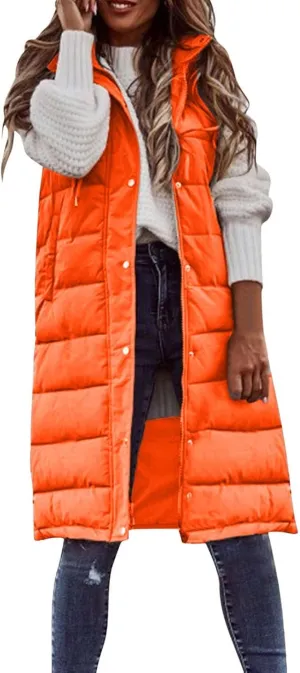 Long Vest for Women Sleeveless Hooded Windproof Winter Coat with Recycled Insulation Sleeveless Hoodies Full Long