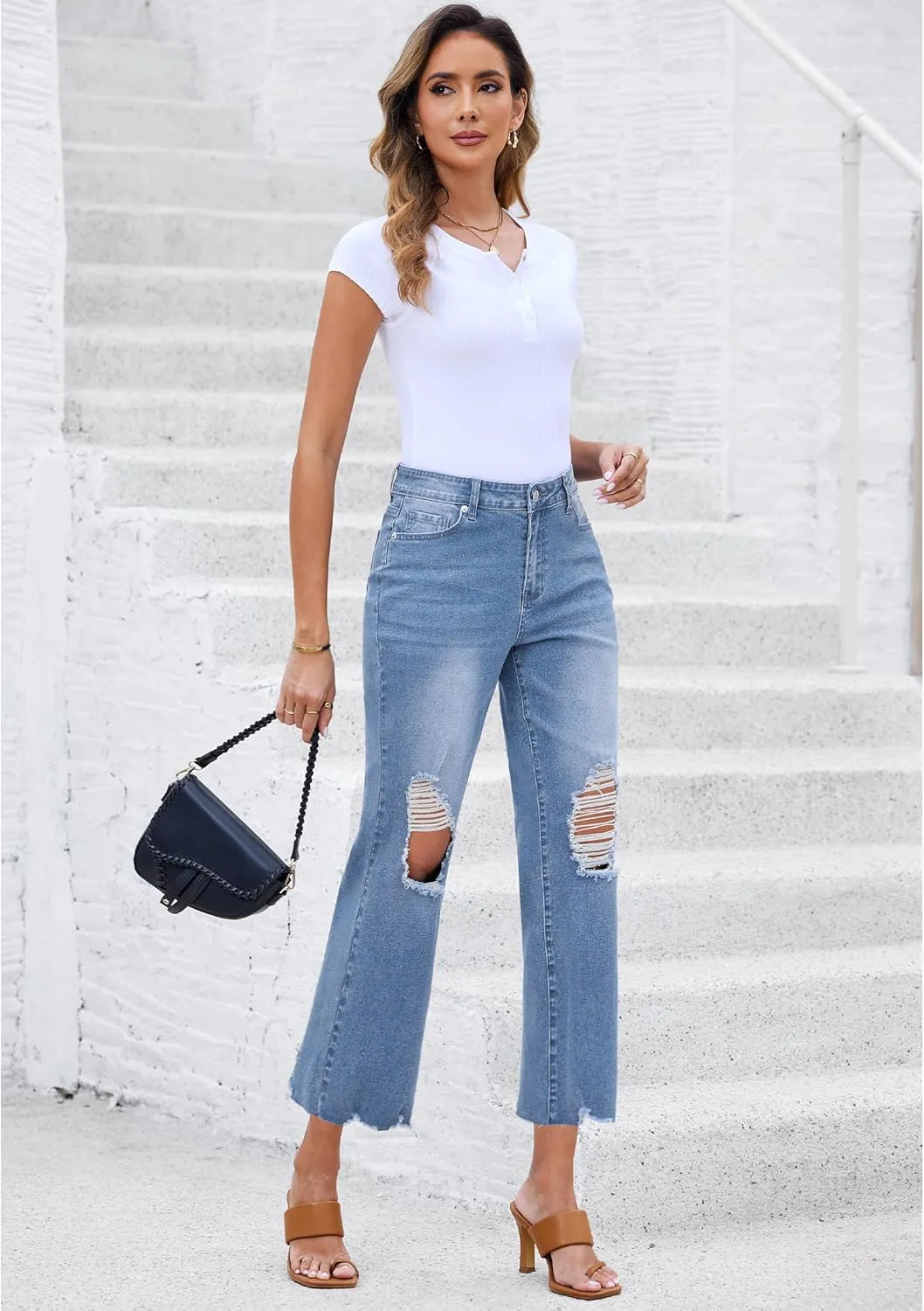 luvamia Wide Leg Jeans for Women Trendy High Waisted Flare Ripped Cropped Jeans Stretchy Distressed Denim Pants Raw Hem