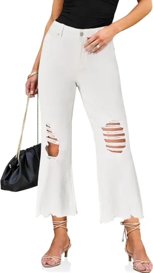luvamia Wide Leg Jeans for Women Trendy High Waisted Flare Ripped Cropped Jeans Stretchy Distressed Denim Pants Raw Hem