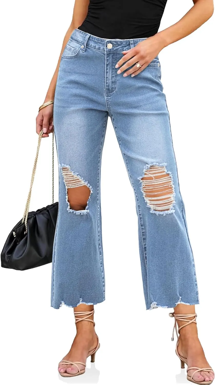 luvamia Wide Leg Jeans for Women Trendy High Waisted Flare Ripped Cropped Jeans Stretchy Distressed Denim Pants Raw Hem