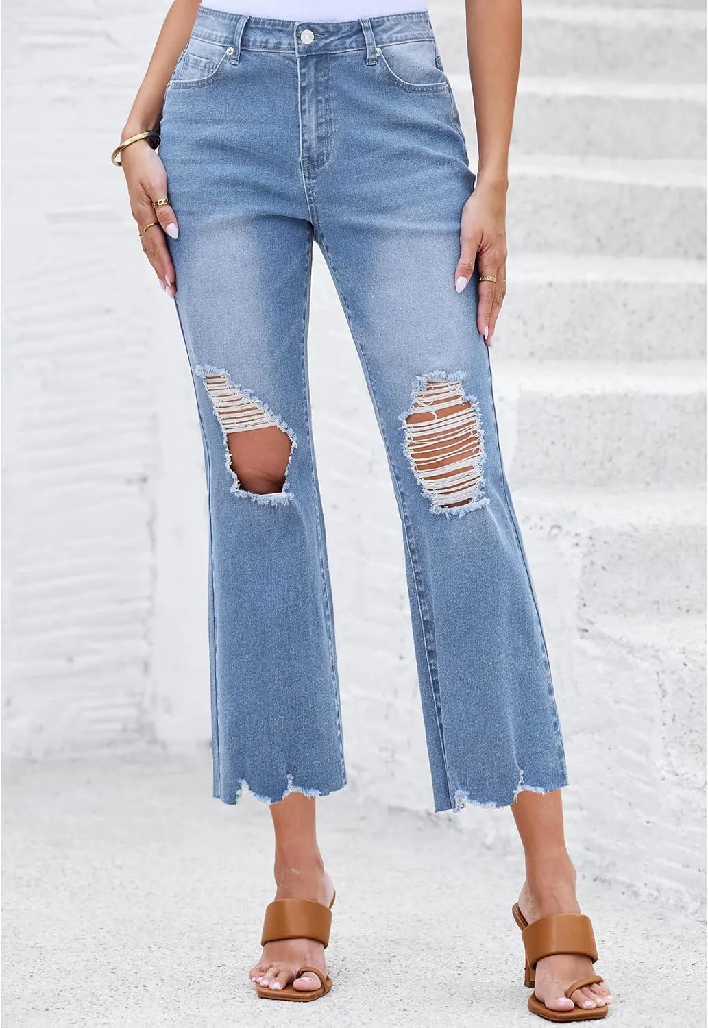 luvamia Wide Leg Jeans for Women Trendy High Waisted Flare Ripped Cropped Jeans Stretchy Distressed Denim Pants Raw Hem