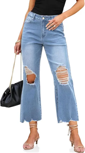 luvamia Wide Leg Jeans for Women Trendy High Waisted Flare Ripped Cropped Jeans Stretchy Distressed Denim Pants Raw Hem