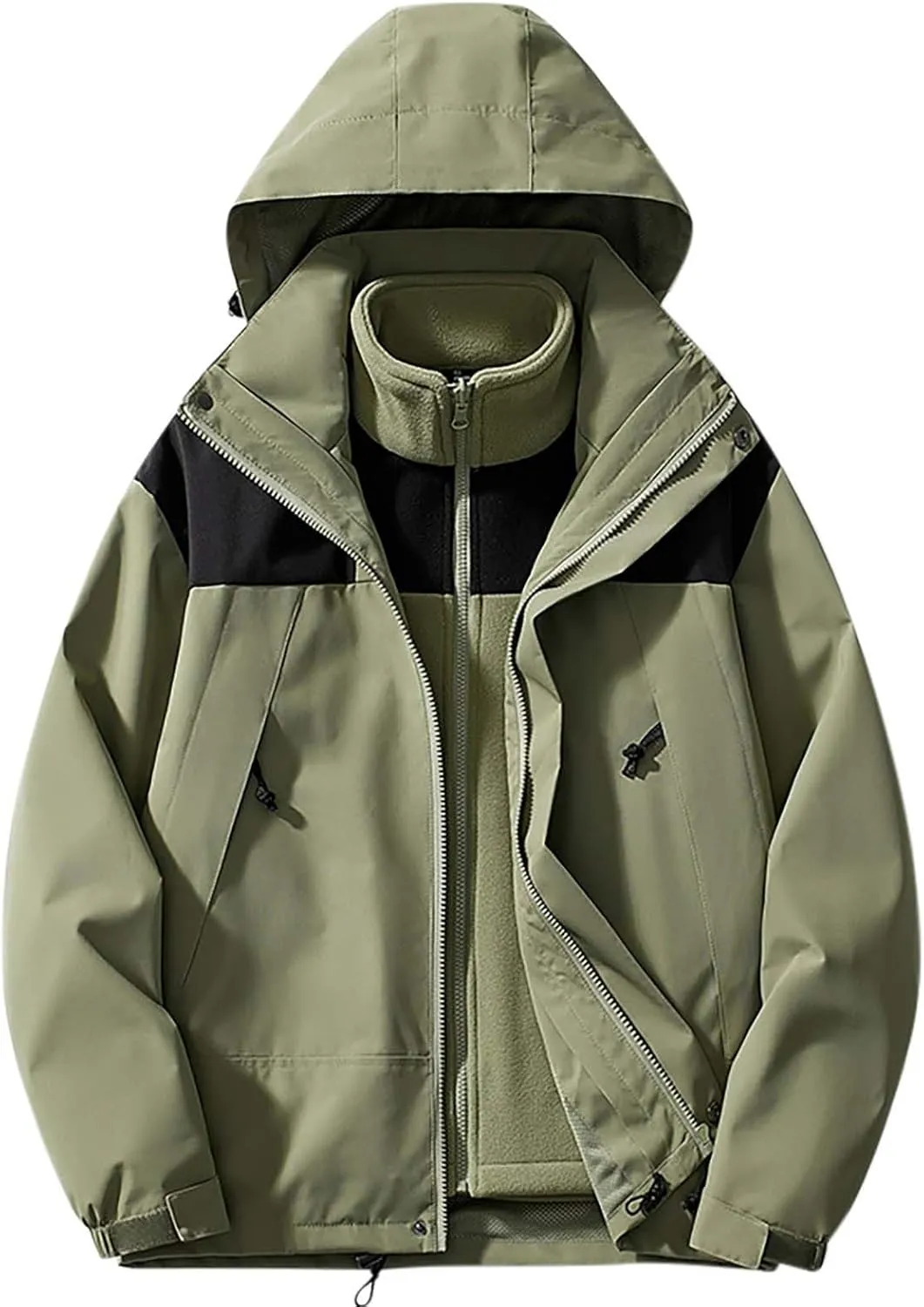 Men 3-in-1 Rain Jacket Hooded Rain Coat Waterproof Windbreaker with Pockets Raincoat for Hiking Skiing Outdoor Sports