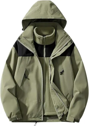 Men 3-in-1 Rain Jacket Hooded Rain Coat Waterproof Windbreaker with Pockets Raincoat for Hiking Skiing Outdoor Sports