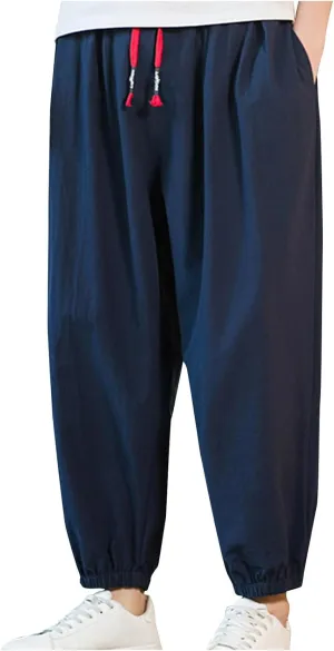 Men Drawstring Pants Summer Baggy Boho Solid Yoga Pants Loose Casual Elastic Waist Tapered Trouser with Pockets