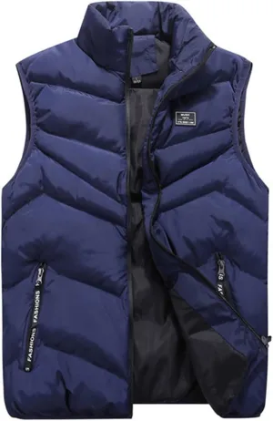 Men Puffer Vest Autumn and Winter Fashion Casual Solid Color Zipper Collar Sleeveless Cotton Padded Vest Jacket Pockets