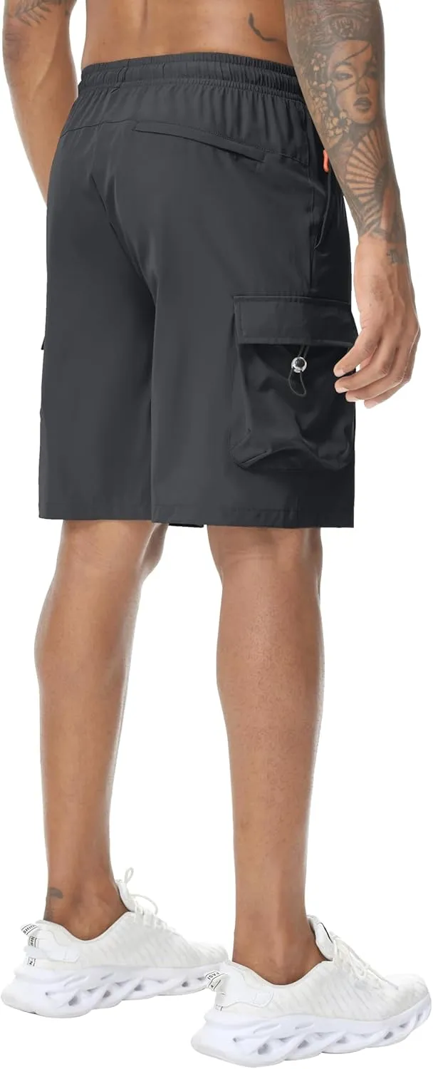 Men's 9" Cargo Shorts with Elastic Waistband - Utility Work Shorts with 5 Pockets no Lined Stretch Outdoor Hiking Shorts