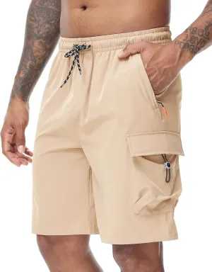 Men's 9" Cargo Shorts with Elastic Waistband - Utility Work Shorts with 5 Pockets no Lined Stretch Outdoor Hiking Shorts