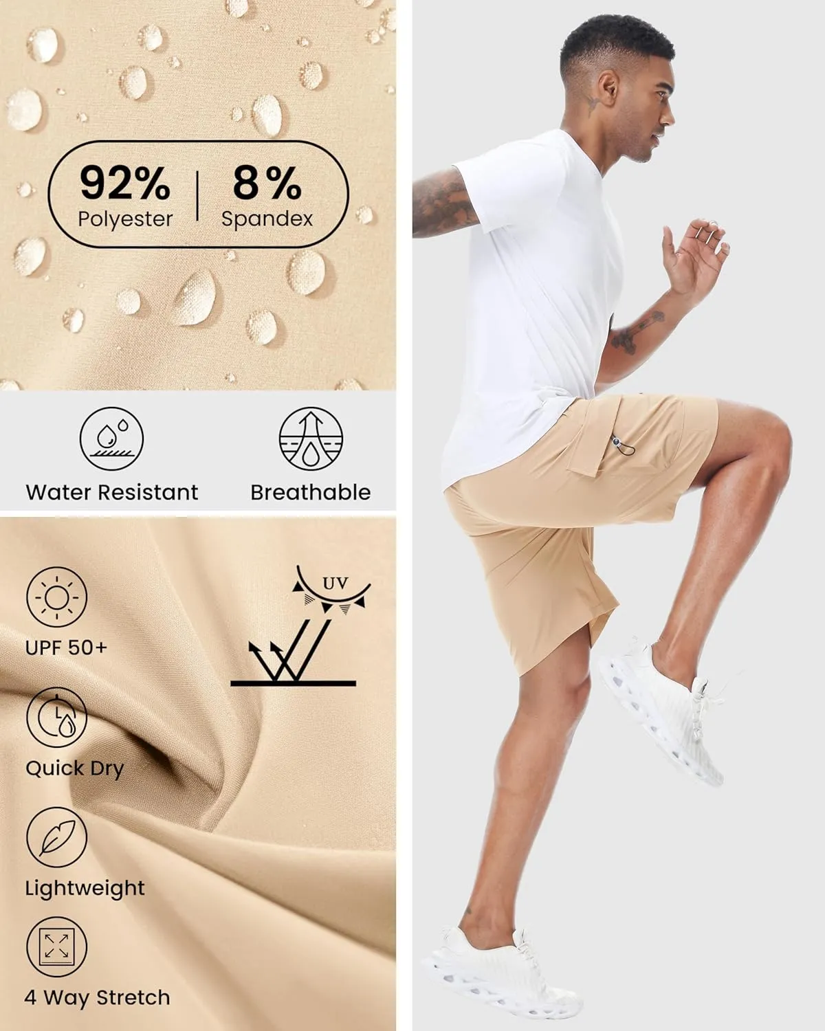 Men's 9" Cargo Shorts with Elastic Waistband - Utility Work Shorts with 5 Pockets no Lined Stretch Outdoor Hiking Shorts