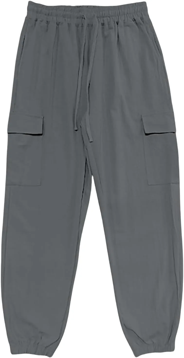 Mens Baggy Cargo Pants Casual Elastic Waist Cotton Linen Harem Pants Summer Beach Yoga Long Trousers Multi Pockets