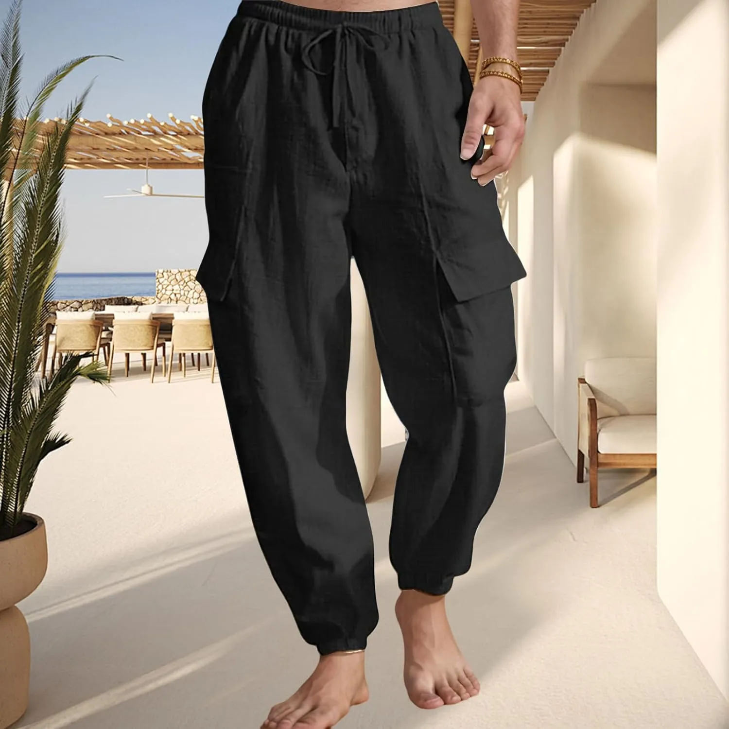 Mens Baggy Cargo Pants Casual Elastic Waist Cotton Linen Harem Pants Summer Beach Yoga Long Trousers Multi Pockets