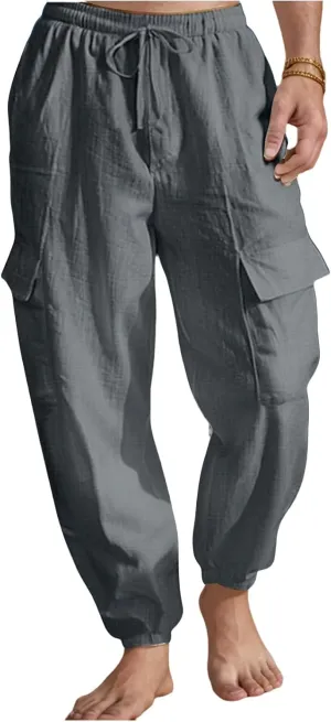 Mens Baggy Cargo Pants Casual Elastic Waist Cotton Linen Harem Pants Summer Beach Yoga Long Trousers Multi Pockets