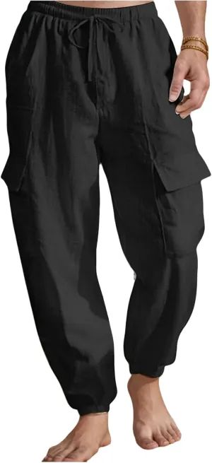 Mens Baggy Cargo Pants Casual Elastic Waist Cotton Linen Harem Pants Summer Beach Yoga Long Trousers Multi Pockets