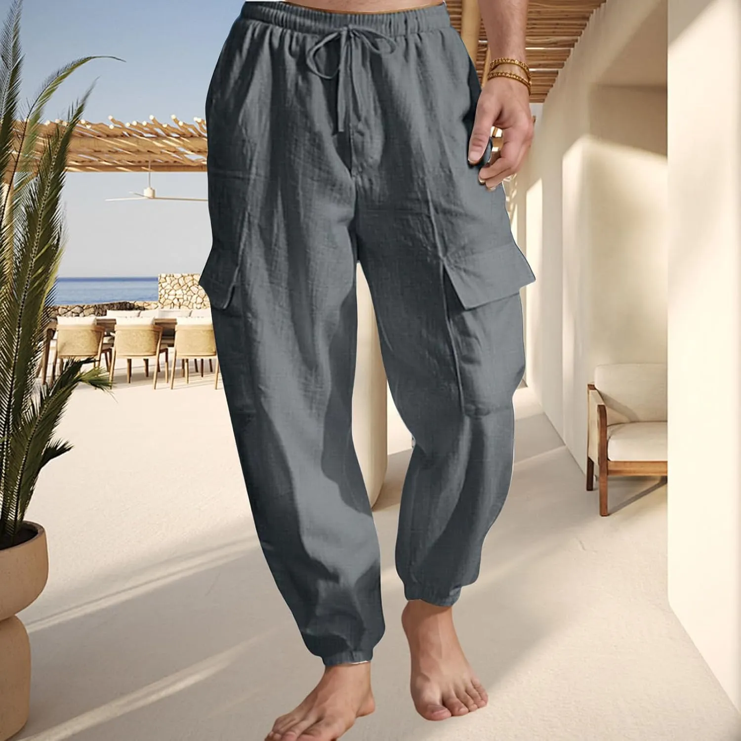 Mens Baggy Cargo Pants Casual Elastic Waist Cotton Linen Harem Pants Summer Beach Yoga Long Trousers Multi Pockets