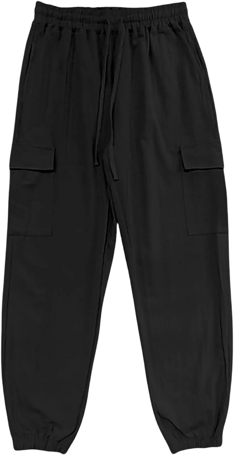 Mens Baggy Cargo Pants Casual Elastic Waist Cotton Linen Harem Pants Summer Beach Yoga Long Trousers Multi Pockets