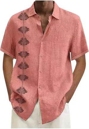 Mens Button Down Linen Shirts Short Sleeve Hawaiian Shirt Casual Shirt for Men Beach Summer Vacation Hippie Shirts