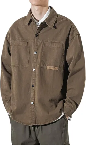 Men's Cargo Denim Jacket Long Sleeve Button Down Jean Coat with Pockets
