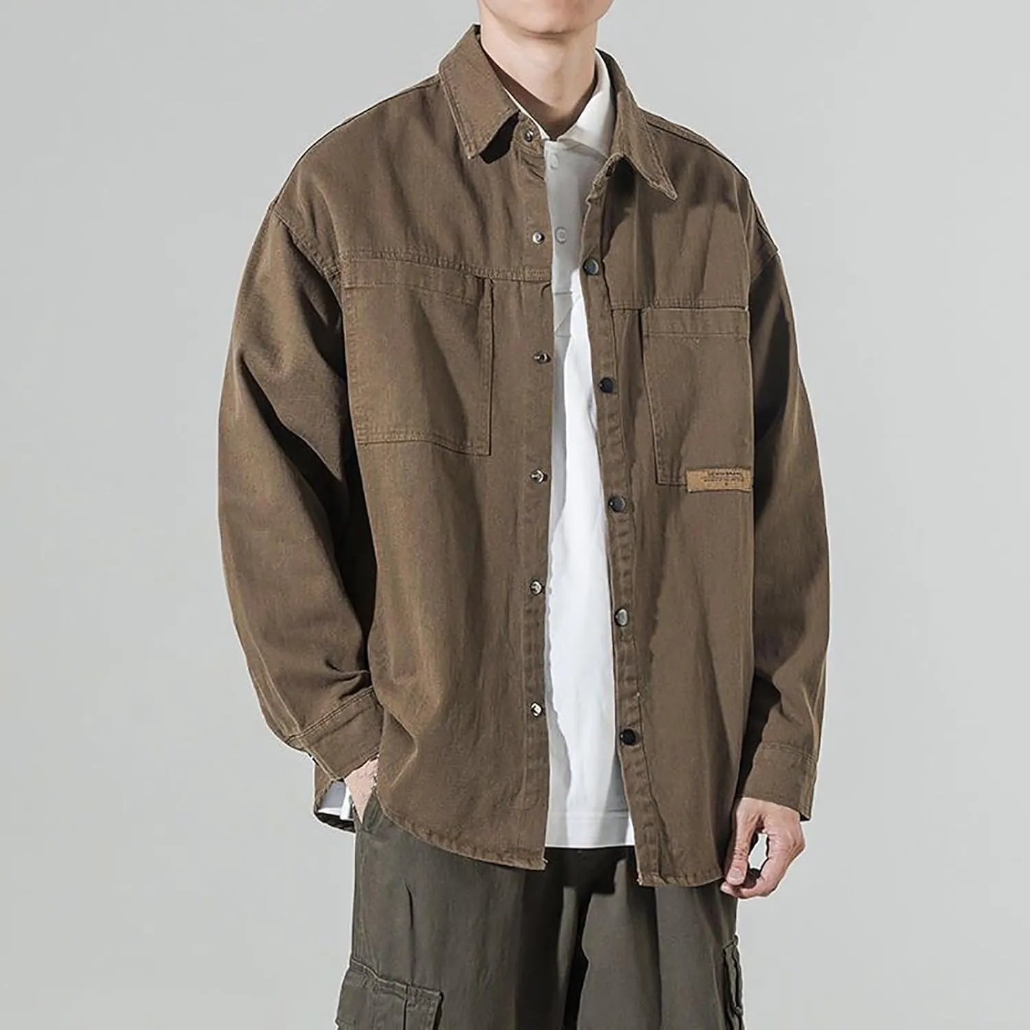 Men's Cargo Denim Jacket Long Sleeve Button Down Jean Coat with Pockets